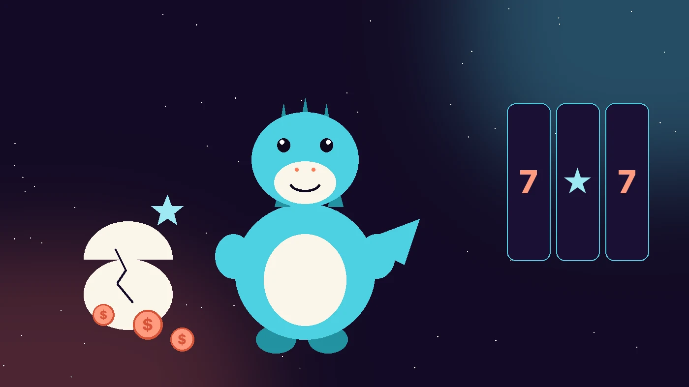 Mascotte LuckyDino avec rouleaux de machine à sous et un œuf porte-bonheur